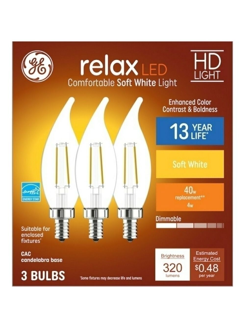 GE Dimmable LED 40 Watt Candelabra Lightbulbs Relax HD EQCA11 Soft White 3 Pack